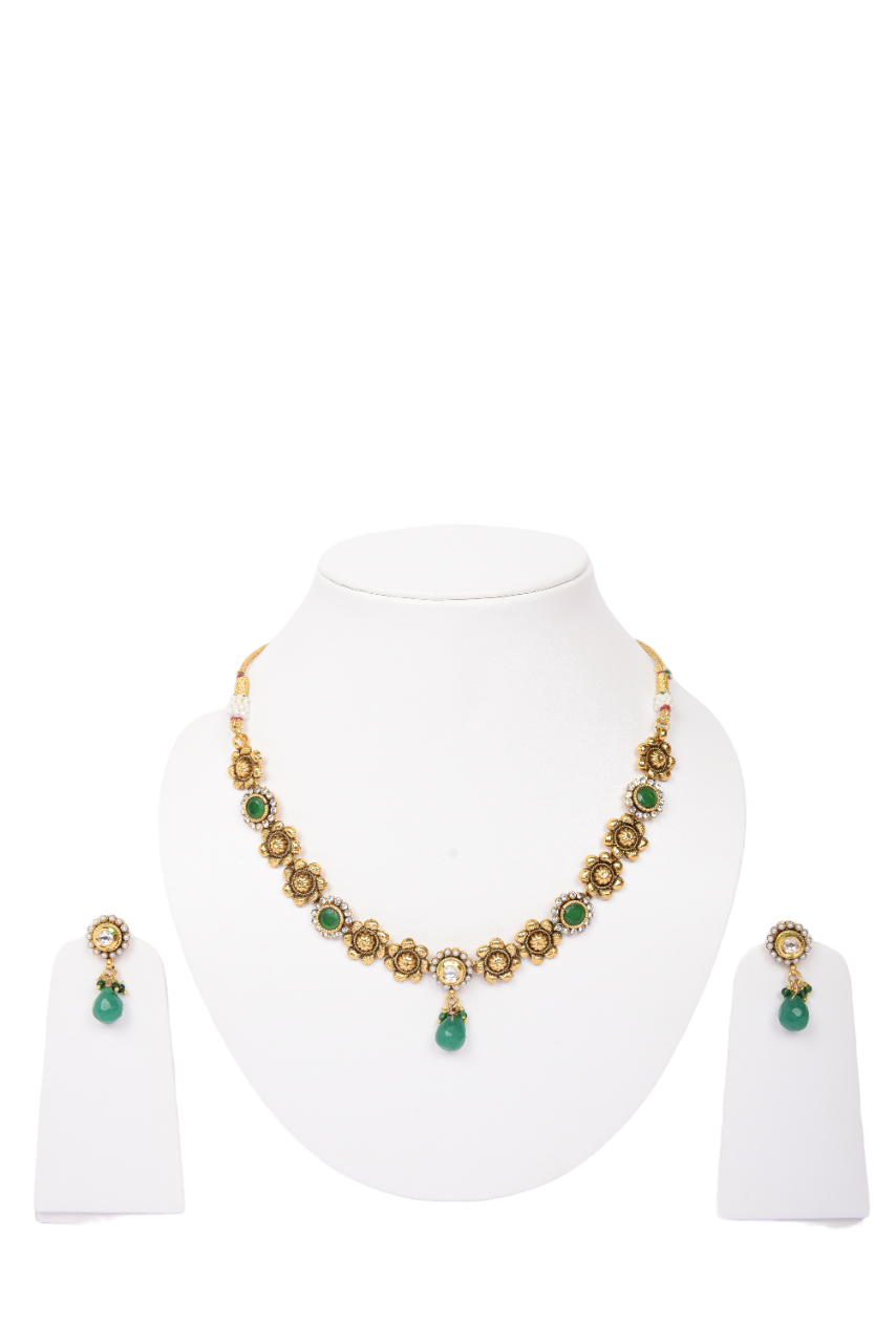 Namokriti Antique Gold Floral Necklace Set with Green Beads – Perfect for Weddings & Parties